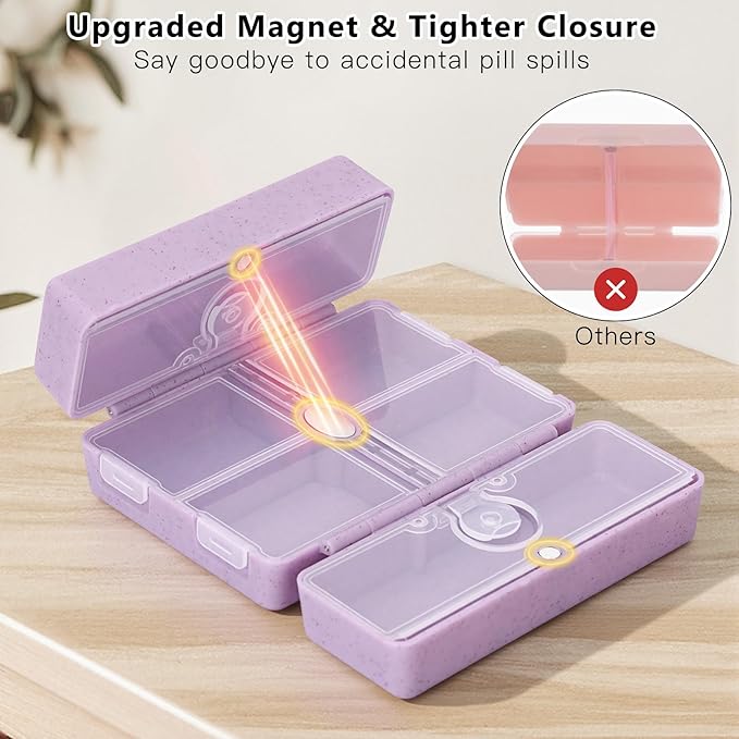 FYY Travel Pill Organizer with Blank Lables,6 Compartments Magnetic Pill Organizer Pill Box for Purse Pocket to Hold Vitamins,Cod Liver Oil,Supplements and Medication-Purple