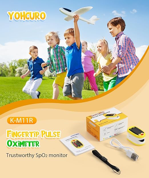 Fingertip Pluse Oximeter for Small Fingers, USB-C Rechargeable Oxygen Monitor, Cute Cartoon Design, Sports & Aviation Use, Applicable for Kids & Children (Yellow)