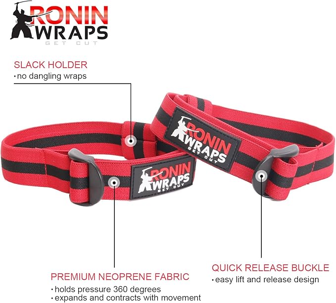 Ronin Wraps | Elastic BFR Occlusion Bands | Blood Flow Restriction Training | 4 Pack (2 for arms - 2 for Legs) | Sleek NO Pinch Buckle Design | Comfortable Elastic Material