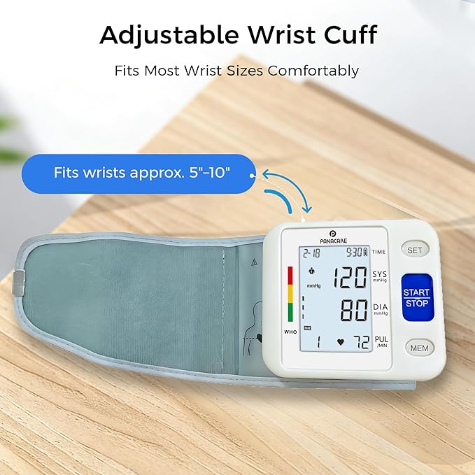 P PANACARE Wrist Blood Pressure Monitor for Home Use, Large LCD Backlit Display, Portable and Lightweight, 298 Memory Storage for 2 Users with Carrying Case