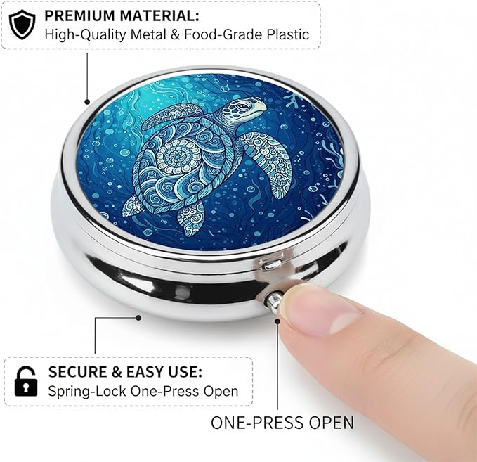 Round Pill Case Small Pill Box with Mirror Pocket 3 Compartment Vitamin Pill Medicine Case Organizer Pill Containers for Traveling Sea Turtle Wave One