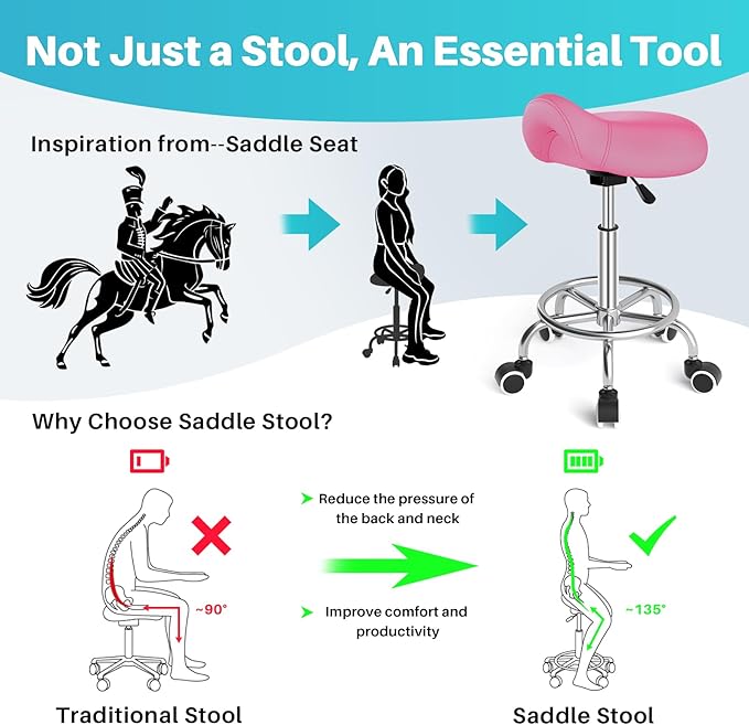 YEEZEE Saddle Stool Ergonomic- Comfortable Rolling Saddle Stool with Wide Thick Saddle Seat Padding, Swivel Adjustable Saddle Chair with Wheels and Ring Pedal for Medical Massage Salon (Pink)