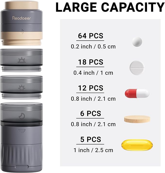 READAEER Pill Organizer, Pill Cutter, Pill Grinder, 3 in 1 Function Portable Pill Case for Trave（Gray
