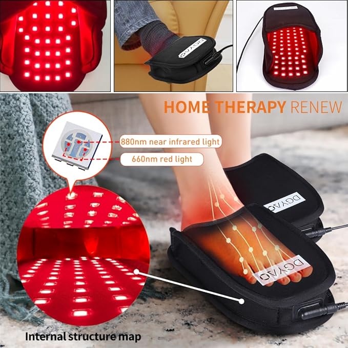 Red & Infrared Light Therapy Device for Foot Pain Relief 660nm & 880nm LED Light Therapy Slippers with Pulse Mode Full Cover Feet Toe Instep Sole Home Use (Two Pads)