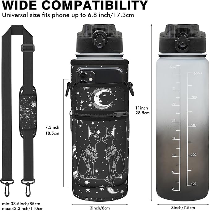 Goth Black Moon Half Gallon Water Bottle with Sleeve -Flip Top Bpa Free 32 OZ - Motivational Time Marker Leakproof Water Jug - Goth Gifts for Women - Halloween Moon for Gifts