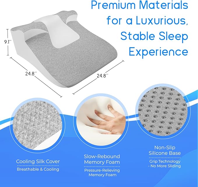 Bed Wedge Pillow for Sleep Apnea, Acid Reflux & Snoring Relief - Post-Surgery Recovery Pillow with Ergonomic 3-in-1 Certified Memory Foam for Back, Neck & Head Support