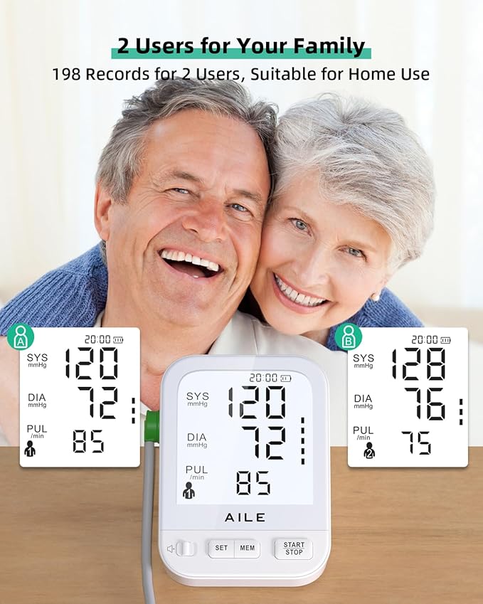 Blood Pressure Monitor for Home Use: AILE Blood Pressure Machine with Large LCD Backlit Screen - Large Comfort Blood Pressure Cuff Arm - 8.7"-16.5" Adjustable - 2 * 99 Records - Easy to Use