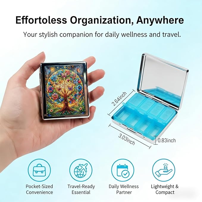 Metal 7 Day Pill Organizer, Weekly Pill Case 8 Compartments, Travel Pill Box for Purse & Pocket, Small Medicine & Vitamin Organizer, PP Dividers, Secure Clasp (Tree of Life)