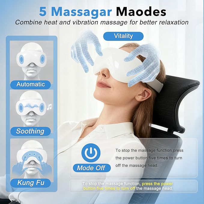 Eye Massager with Heat and Cooling for Migraines – 14 Massage Nodes for Eye Strain Relief, Rechargeable Bluetooth Music, Improve Sleep,Eye Strain Relief, Birthday Gifts for Women and Men(White)