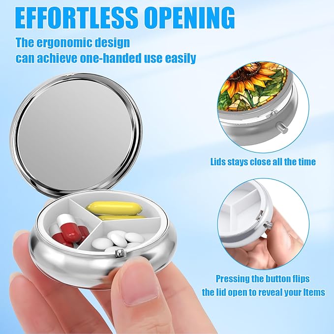 Sunflower Butterfly Pill Case, Pill Box 3 Compartments Metal Small Pill Holder with Mirror Mini Travel Pill Container for Purse Pocket Women Men
