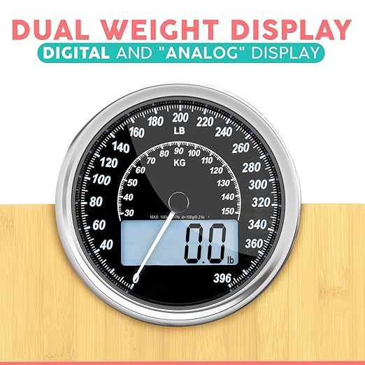 Adamson Hybrid 2-in-1 Analog & Digital Weighing Scale for Body Weight up to 400lbs - Thick Tempered Glass - Extra Large Display - Easy to Read Digital Bathroom Scale - Wood with White Backlight