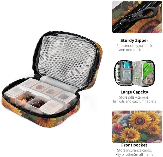 Travel Pill Case Colorful Spring Sunflower and Rose Weekly Small Pill Box 7 Day Pill Box Pill Organizer Bag