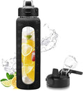 Kodrine 32 oz Glass Water Bottle with Straw and Carry Loop, One-Touch Leakproof Locking Lid, Reusable Drinking Bottle with Time Marker for Travel Home Gym Sports (Black)