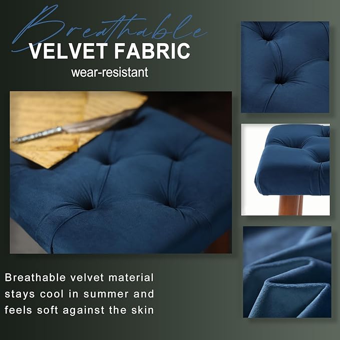 AKLOT Velvet Upholstered Piano Bench: Rubberwood Legs with 300-Pound Load Capacity, Ergonomically Set Seat Height, Easy Assembly, Purpose Keyboard Stool for Vanity, Bedroom & Living Room (Dark Blue)