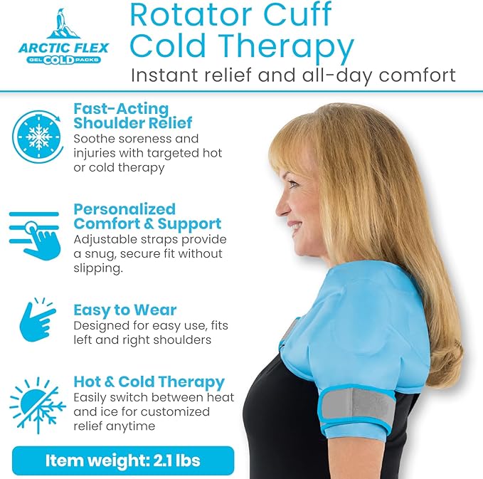 Arctic Flex Shoulder Ice Pack Wrap - Rotator Cuff Cold Therapy for Pain Relief - Reusable Gel for Injuries & Recovery After Surgery - Ice Packs Compression Brace (Blue)