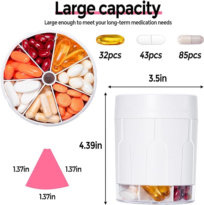 Betife Extra Large Supplement Organizer,Weekly Pill Organizer Bottle, Daily Pill Dispenser with 7 Large Compartments, Organizer to Hold 7 Day Vitamin Medication,21 Labels and a Cleaning Brush（White）