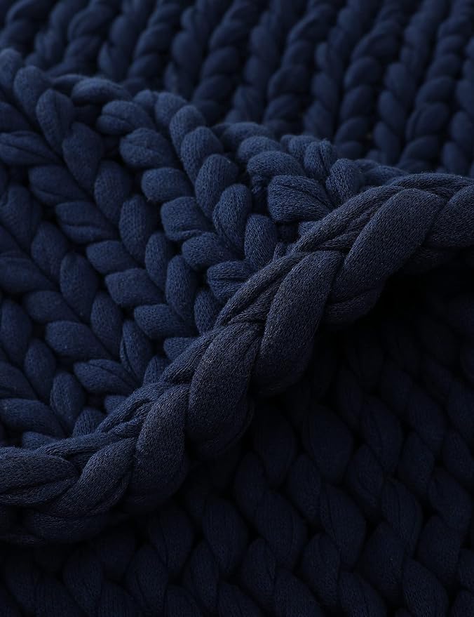 YnM 100% Cotton Weighted Blanket, Handmade Chunky Knitted Throw, No fillers Design, Soft and Breathable, Machine Washable Bed Blanket for Sleep or Home Decor (Navy Blue, 43x50 Inch, 10lbs)