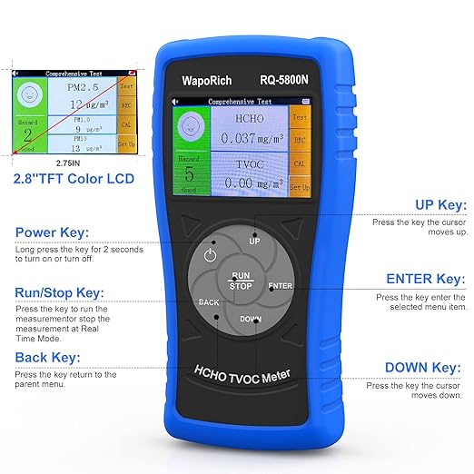 Air Quality Pollution Monitor, Formaldehyde Detector 0-2.50 mg/m³, 2-in-1 TVOC Meter HCHO Tester Indoor with Alarm, USB Rechargeable for Home, Office, HVAC - RQ-5800N