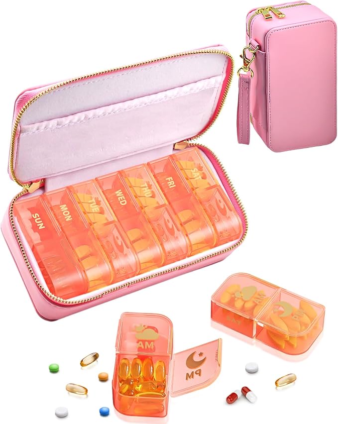 Pill Organizer 2 Times a Day, PU Leather Pill Case for Women, Portable Weekly Pill Box for Purse with Storage Bag to Hold Vitamins, Medications, Fish Oils, Supplements