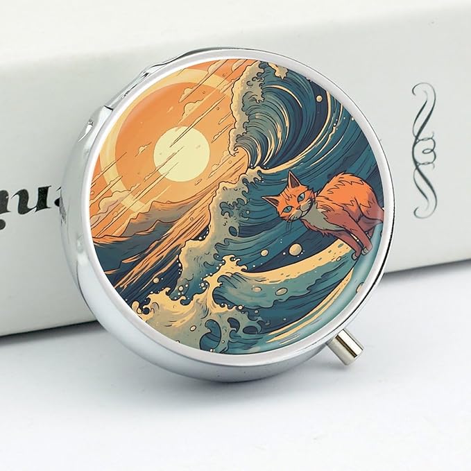 Anime Style Cat Pill Box Travel Pill Case for Purse Pocket Weekly Medicine Organizer with Mirror 3 Compartment Round Medicine Case Portable PillcaseHolder for Daily