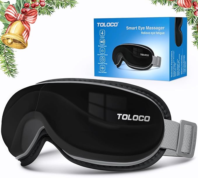 TOLOCO Eye Massager with Heat, Heated Eye Mask with Bluetooth Music for Migraines, Face Massager for Relax and Improve Sleep, Reduce Eye Strain, Relaxation Gifts for Women/Men, Birthday Gifts, Black