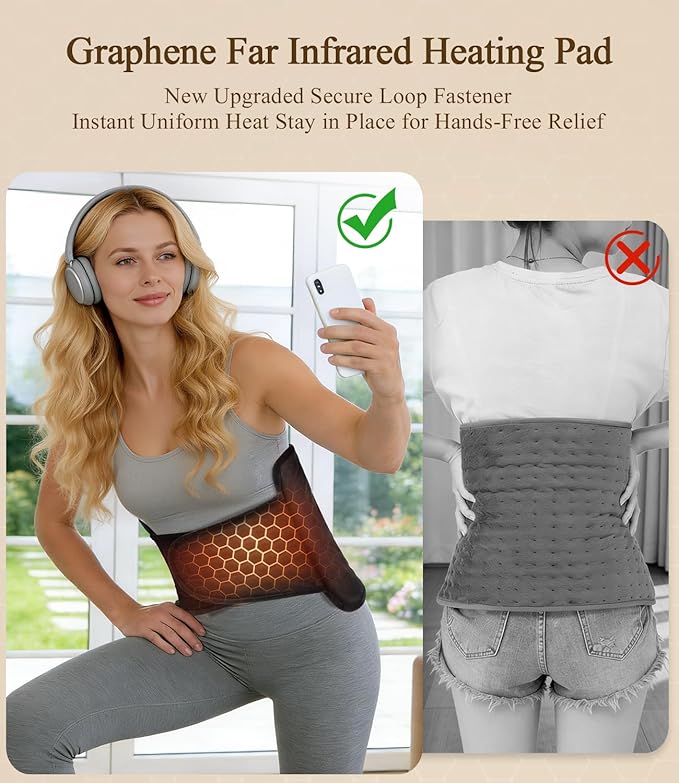 Heating Pad for Back Pain Relief: 2X Graphene Far Infrared Max 160℉ with 8 Heat Settings - Soft Wearable Wrap Around for Period Cramps & Stiffness Relief - 12"x44" 4H Auto Off for Women at Home