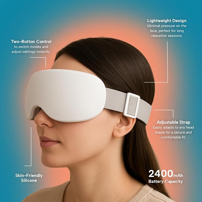 Eye Massager with Heat & Cooling | 12 Precision Massage Nodes | Bluetooth Music | 4 Massage Modes | 2400mAh Battery | Relaxation for Eye Strain, Dry Eyes, Stress & Headaches