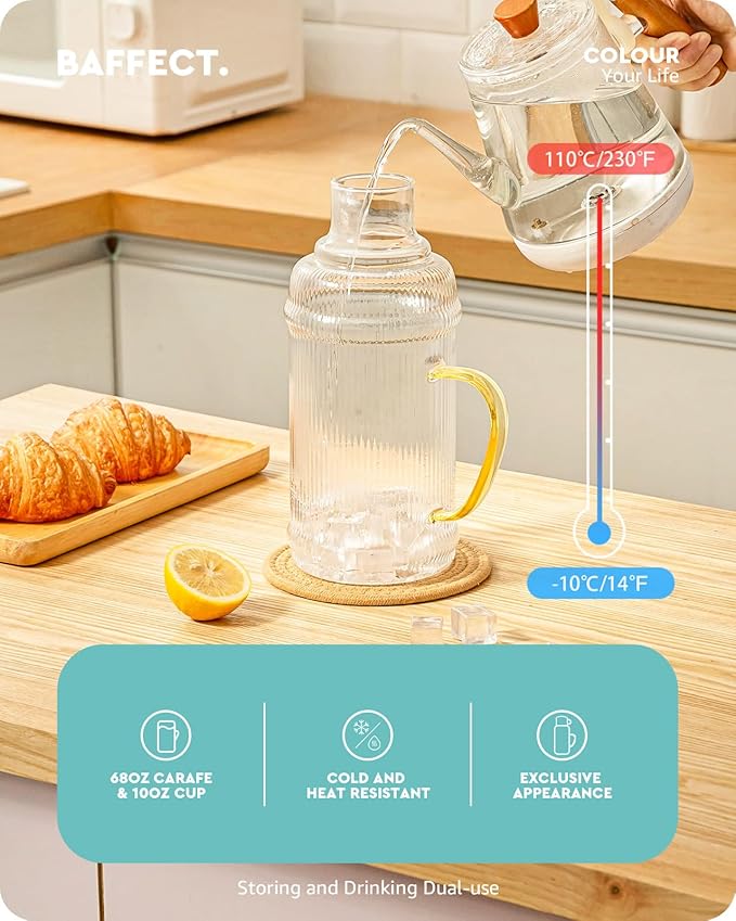 Baffect Bedside Water Carafe And Glass Set, High Borosilicate Glass Pitcher For Hot Or Cold Beverage, 68oz Water Bottles With 10 Oz Tumbler For Nightstand, Kitchen, Mouthwash Dispenser For Bathroom