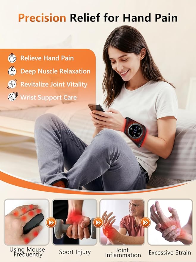 Upgraded 2.0 Red Light Therapy for Hands Wrist with Heat & Massage, 3000mAh Wireless Controller, Infrared & Red Light Wrist Brace & Hands Wrap Pad for Knee Ankle Foot Joint Faster Recovery Pain Relief