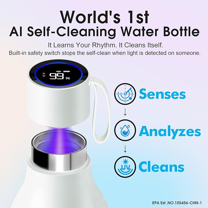 VSITOO 33oz Smart Self-Cleaning Water Bottle，Large Insulated Stainless Steel Bottle with AI Self-Clean, 30-Day Battery & Magnetic Charging for Outdoor Travel, Gym or Office, White