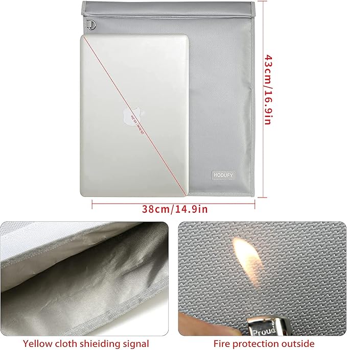 Faraday Bag for Laptops (20 x 15 inches), Faraday Cage, Cell Phone Signal Jammer, Faraday Key Fob Protector, Fireproof & Water Resistant Bag, Anti-Theft Pouch, Anti-Hacking Case Blocker(Grey)