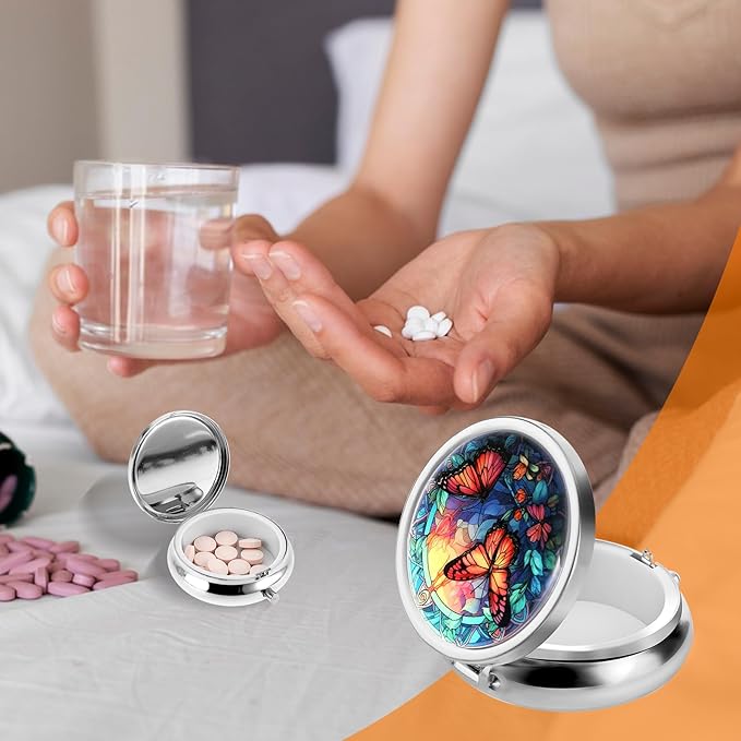 Pill Box Cute Small Pill Box for Purse & Pocket Medicine Organizer Travel Pillbox Waterproof Pill Case Metal Pill Container Holder for Vitamins, Fish Oil, Supplements (Silver Butterfly)
