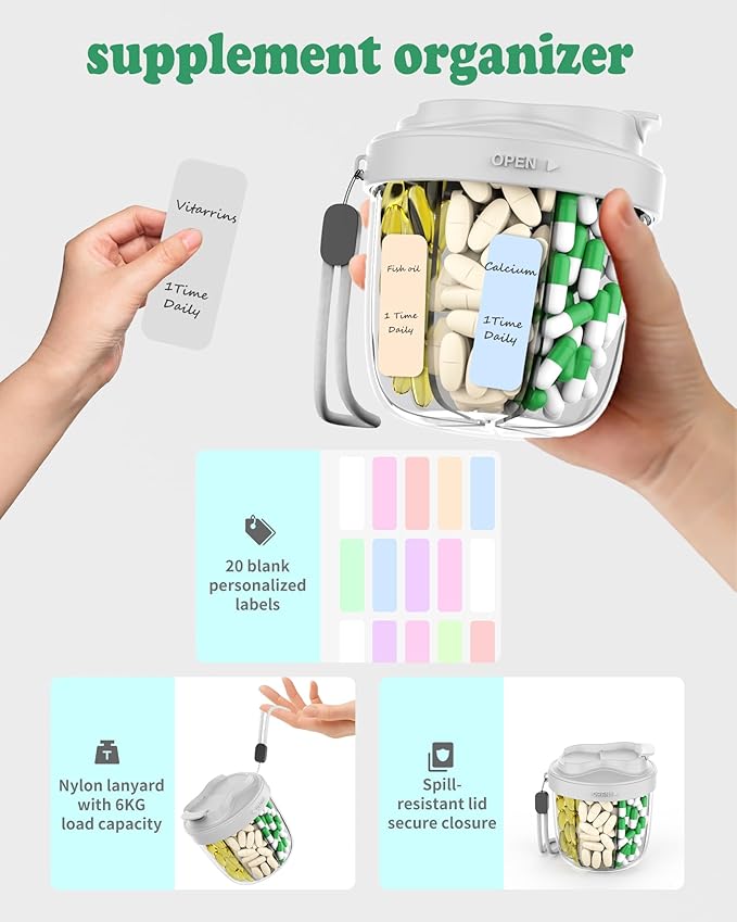 Pill Organizer with 7 Compartments, Pill Box Case for Holding 7 Different Vitamins, Anti-Mix Design for Easy Medication Retrieval. Travel Pill Organizer with 20 Labels.Pill Container (Cool Gray)