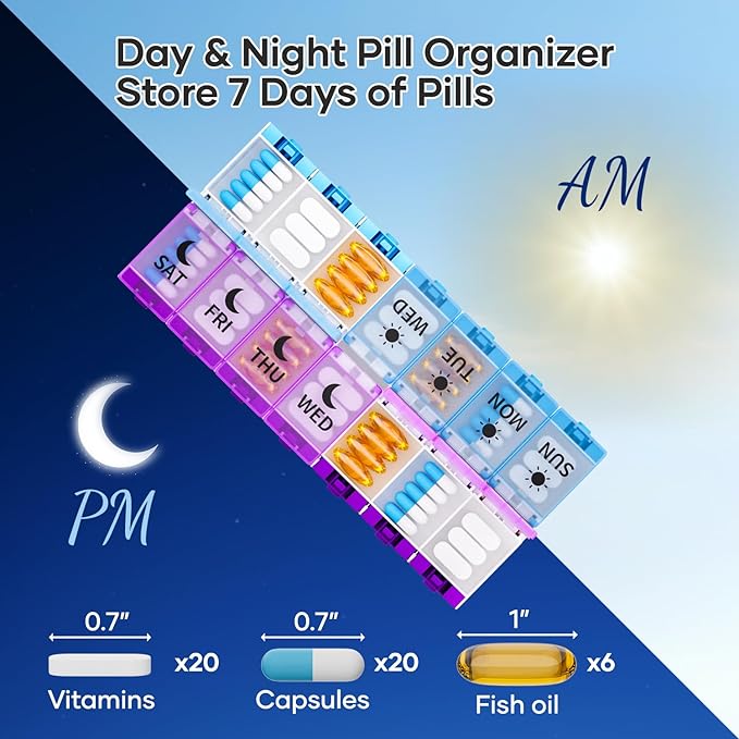 Weekly Pill Organizer 2 Times a Day, Push Button Medicine Pill Organizer, BPA-Free Pill Box Case Container 7 Day AM PM for Vitamins, Fish Oil, Supplements and Medication (Purple & Blue)