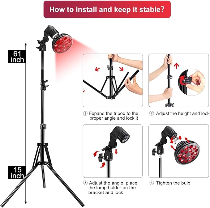 Wolezek LED Red Light Lamp with Stand, Adjustable Tripod 15"-61", 18 LEDs 660nm & 850nm Combo, E26 Standard Socket, Aluminium Shell, Black