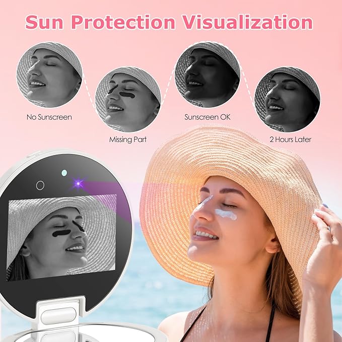 UV Camera for Sunscreen Test UV Mirror Sunscreen Camera, 3.8 Inch Rechargeable 2X Magnifying Vanity Mirror with Light Handheld Double-Sided Pocket Mirror for Skin Protection(White)