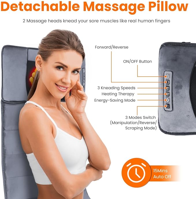 KOCASO Full Body Electric Massage Mat with Heat Vibration Massage Pad Cushion Back Massage Mattress Chair Pad with Neck Massage Pillow with 10 Vibration Motors Timer for Home Office/53.14*19.68 inch