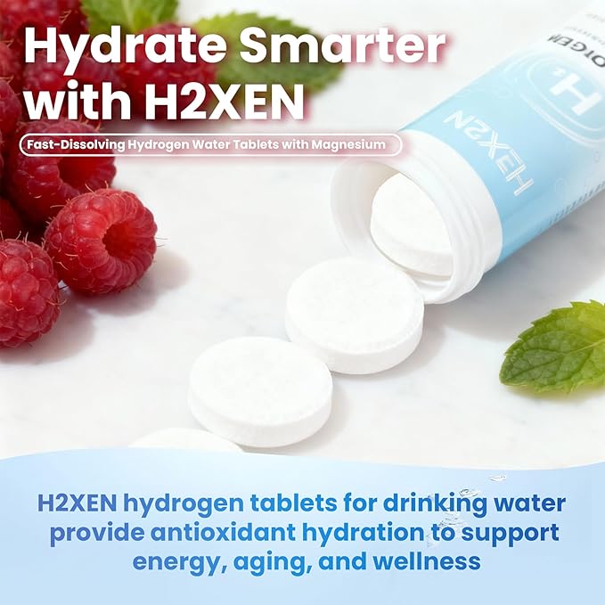 Molecular Hydrogen Tablets with Magnesium - 8 PPM Hydrogen Water Tablets for Drinking Water - Rich in Antioxidants, Supports Healthy Aging, Cellular Energy & Brain Health (60 Counts, Raspberry)