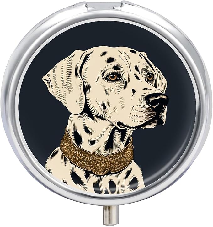 Vintage Painting of Dog Pill Box 3 Compartment Small Pill Case Portable Pill Box for Pocket Or Purse Round Metal Pill Box Cute Medicine Organizer Holder to Hold Vitamins Medication