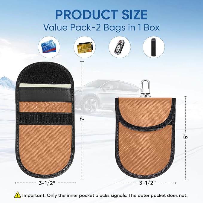 TICONN 2PK Faraday Bags for Car Keys Fob, 3.5"X5.0" Faraday Cage Protector, Car RFID Signal Blocking, Anti-Theft Pouch Anti-Hacking Case Blocker (Bronze, M)