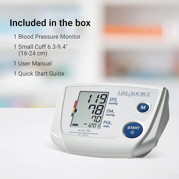 LifeSource Small Cuff Upper Arm Blood Pressure Monitor, Fits 6.3” - 9.4” Arms (UA-767PVS)