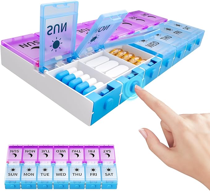 Weekly Pill Organizer 2 Times a Day, Push Button Medicine Pill Organizer, BPA-Free Pill Box Case Container 7 Day AM PM for Vitamins, Fish Oil, Supplements and Medication (Purple & Blue)