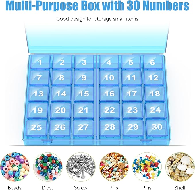 Monthly Pill Organizer Once a Day - 30 Day Pill Organizer Box - Squeeze to Open - Large Compartments Portable Case for Travel, Month Pill Cases Medicine Organizer for Vitamin (Blue)