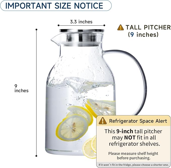 Glass Water Pitcher with Lid and Spout, 68 Ounces Heat Resistant Borosilicate Glass Carafe, Temperature Safe