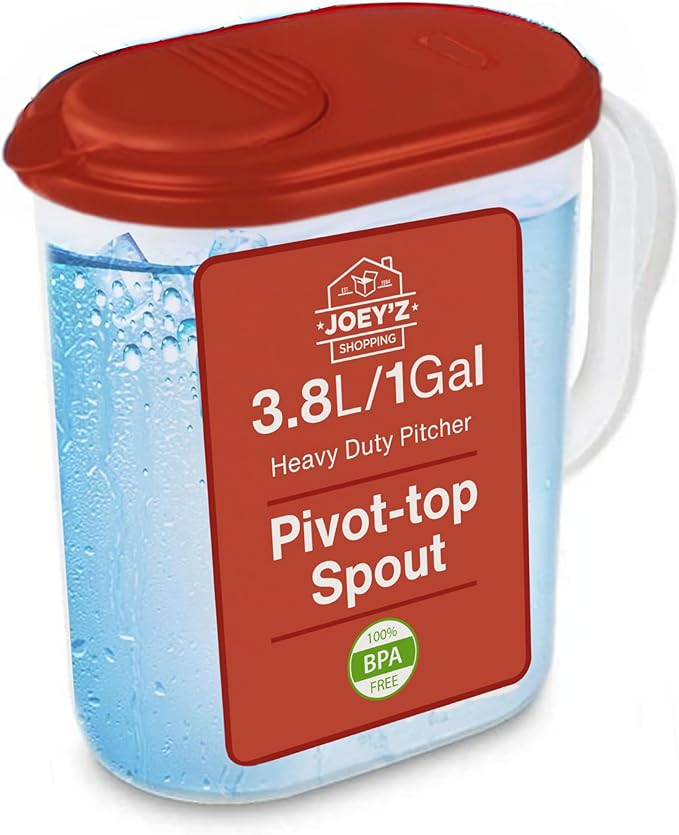 1 Gallon Water Pitcher with Lid & Pivot Top Spout -Slim Design Fits Fridge Door- Tea Pitcher 1 Gallon Plastic Pitcher with Lid 1 Gallon Pitcher with Lid Water Pitchers with Lids Plastic Water Pitcher