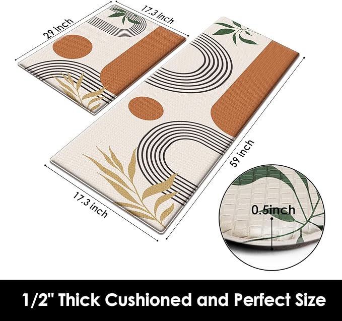 Anti-Fatigue Boho Kitchen Rug Set of 2 Cushioned Bohemian Kitchen Mats for Floor, Brown Sun Standing Mat Waterproof Non-Slip Kitchen Mats and Rugs PVC Ergonomic Foam Kitchen Decor