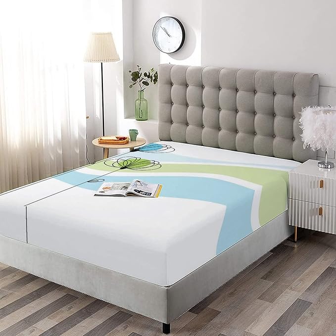 XISUNYA Decorative Bedding Sheet Set Queen Size, Doodle Deep Pockets Fitted Sheet & 2 Pillow Sham Set, Summer Flowers with Cute Colors and Wave Backgorund Print Microfiber 3pc Bed Sheets Set