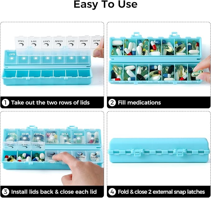 Foldable Pill Organizer Weekly 2 Times a Day, 7 Day Portable AM PM Travel Pill Case with Black&White Labels, Dual-Protection Daily Medicine Box, Large Pill Container for Vitamin/Supplement-Blue