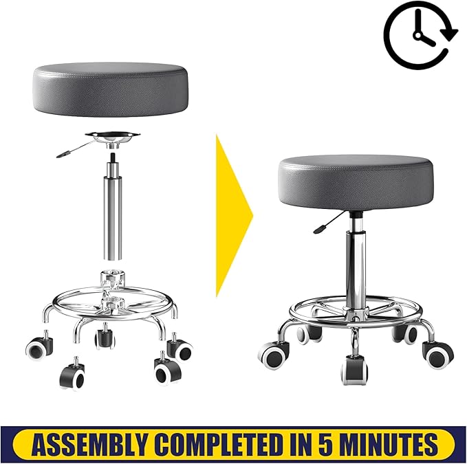 Rolling Stool, Heavy Weight Capacity 250lb, PU Leather Rolling stools, Ultra Soft Padded Seat, Rolling Stools with Wheels and Footrest, 360° Swivel, Spa Drawing Salon Work Office Tattoo Stool (Grey)