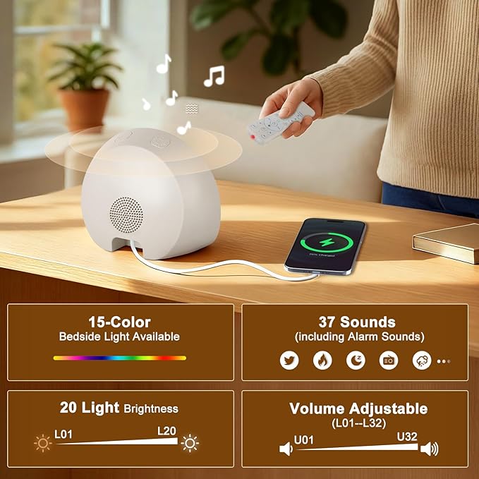 Sunrise Alarm Clock Wake Up Light for Heavy Sleeper, White Noise Sound Machine 37 Sounds, Bluetooth Speaker, Tap Snooze, Remote Control, USB Port, 15 Color Dimmable NightLight for Bedroom